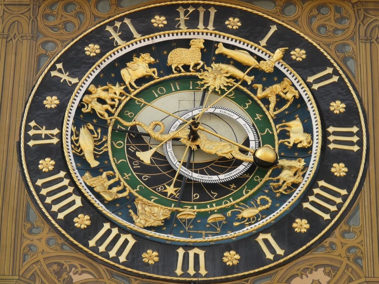 a clock that is on the side of a building, by Karl Stauffer-Bern, baroque, zodiac signs, high detail photo, grain”, very accurate photo