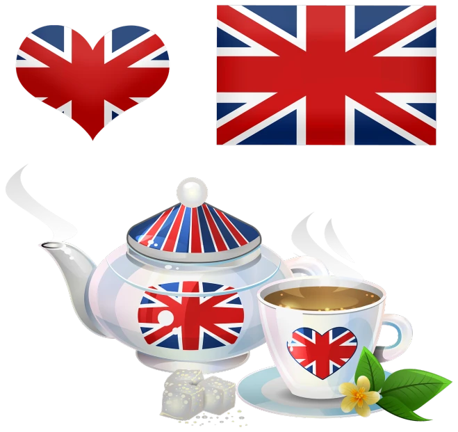 a teapot sitting on top of a plate next to a cup of coffee, a digital rendering, by Bob Ringwood, united kingdom flags, beautiful!!!!!!!!!!!!, heart, jasmine