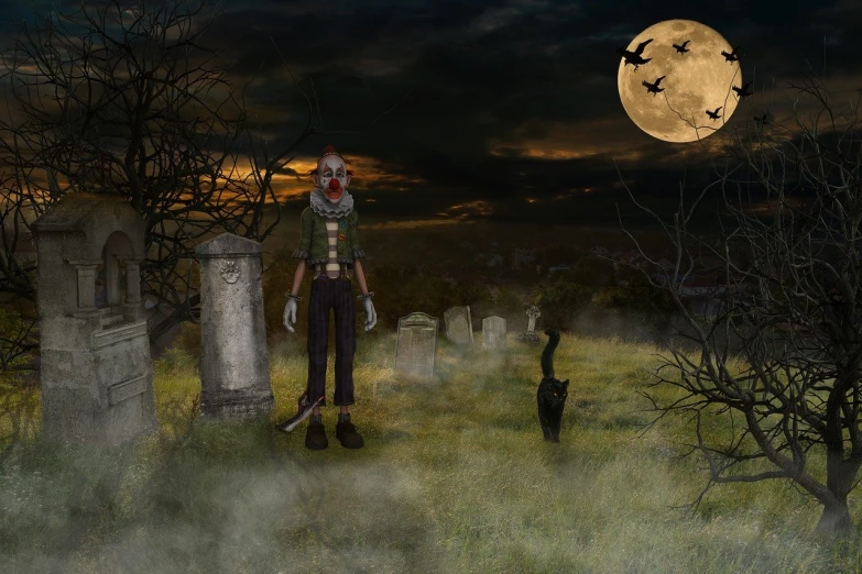 a creepy zombie standing in a graveyard in front of a full moon, cg society contest winner, digital art, old man, 3d render of catwoman, distant photo, scarecrow