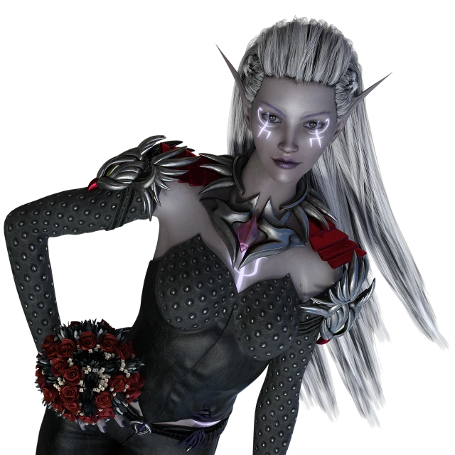 a close up of a person wearing a costume, a 3D render, inspired by Kieran Yanner, fantasy art, princess of darkness, kind cyborg girl with flowers, dwarf with white hair, female vampire warrior