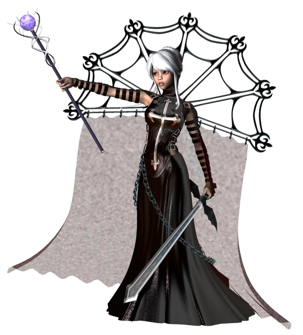 a woman in a black dress holding a sword, a 3D render, inspired by Aramenta Dianthe Vail, gothic art, with cobwebs, wearing! robes!! of silver, metal chain and black cape, drow