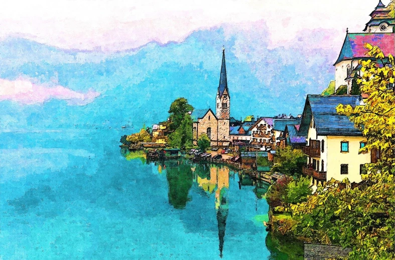 a painting of a church on the shore of a lake, by Franz Hegi, shutterstock, modern european ink painting, posterized color, japanese town, made with photoshop, quaint village