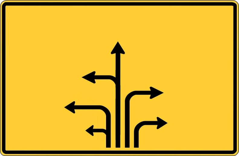 a yellow sign with arrows pointing in different directions, a diagram, by Jesse Richards, pixabay, conceptual art, left - hand drive, symmetrical layout, rivers, made in adobe illustrator