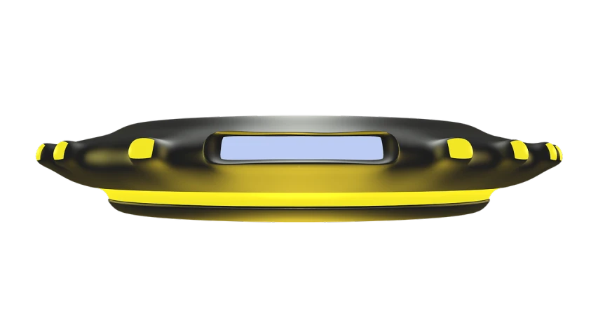 a yellow and black object on a black background, a computer rendering, rounded roof, wide long view, middle shot waist up, blade design