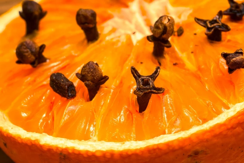 a close up of an orange with seeds on it, a macro photograph, hurufiyya, orange demons, miniature product photo, star, hellish scene