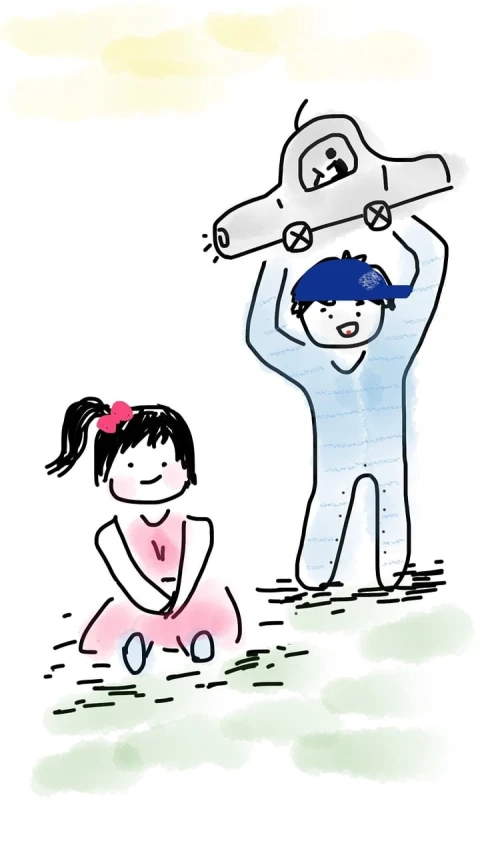 a child standing next to a man holding a baseball bat, a picture, by Naka Bokunen, wikihow illustration, an ahoge stands up on her head, carefree, skateboard