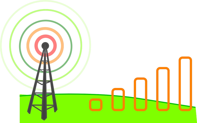 a radio tower with a clock on top of it, a screenshot, digital art, green and orange theme, on a flat color black background, doppler effect, cell phone