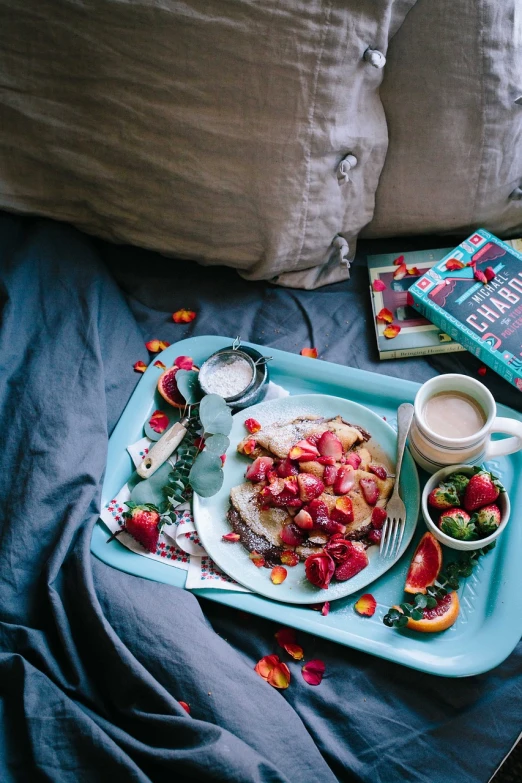 a tray of food sitting on top of a bed, by Anna Haifisch, red and cyan theme, living food adorable pancake, romantic mood, colourful books