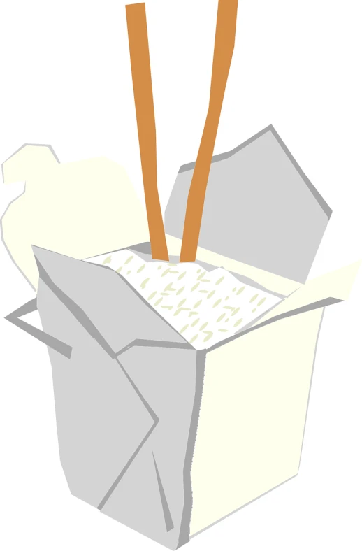 a paper box with a fork sticking out of it, an illustration of, inspired by Masamitsu Ōta, pixabay, conceptual art, rice, [ shards, wok, wikihow illustration