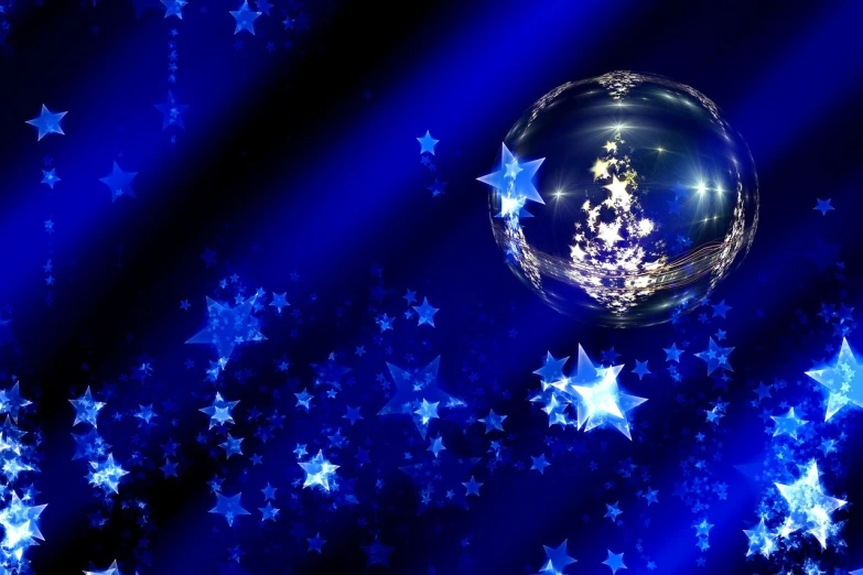 a shiny disco ball surrounded by blue stars, a digital rendering, digital art, christmas night, beautiful!!, with lots of thin ornaments, beautiful!