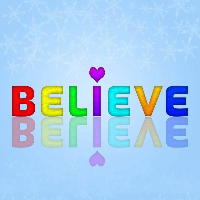 the word believe on a blue background with snowflakes, an illustration of, heart, colored photo, computer generated, colorful refractive adornments