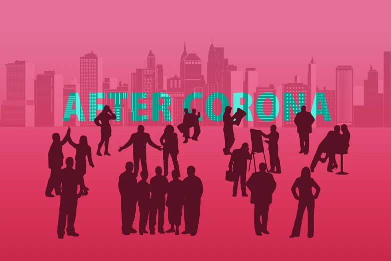 a group of people standing in front of a city, an illustration of, shutterstock contest winner, altermodern, pink gradient background, mafia background hyper detailed, poster of corona virus, shut down