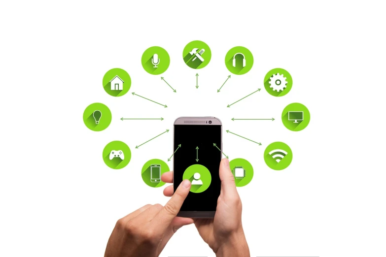 a person holding a smart phone in their hands, a diagram, by Julian Allen, shutterstock, a green, connections, icons, android format