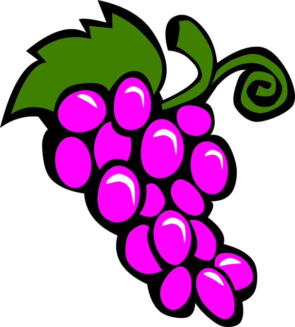 a bunch of purple grapes with green leaves, a digital rendering, inspired by Masamitsu Ōta, art nouveau, pink iconic character, with a black background, cutie mark, ( ( vibrating colors ) )