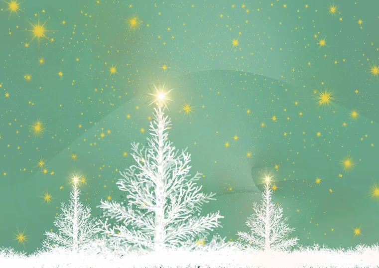 a christmas tree in the middle of a snowy field, digital art, pale green background, background image, twinkling stars, profile picture