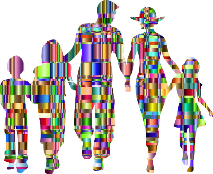 a group of people standing next to each other, a raytraced image, inspired by Yaacov Agam, pixabay, of a family leaving a spaceship, patchwork-streak style, family, ancestors