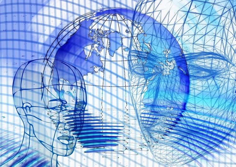 a close up of a person's head with a world map in the background, a digital rendering, digital art, blue print, focus on two androids, portait photo, mesh structure