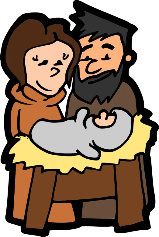 a man holding a baby in a manger, pixabay, figuration libre, coloured comic, three hairy fat cave people, on a flat color black background, family photo