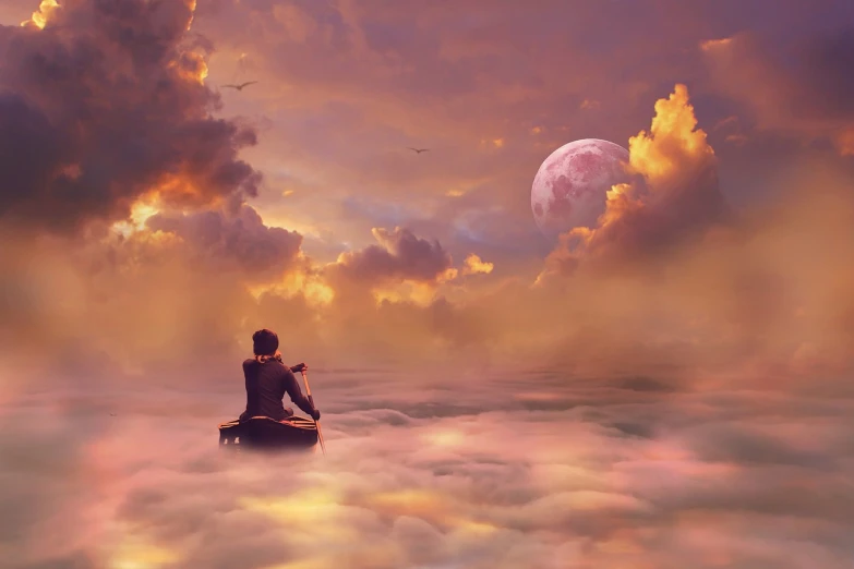 a man sitting on top of a boat in the clouds, a picture, romanticism, fantasy violin, looking out at a pink ocean, on the moon, beautiful morning