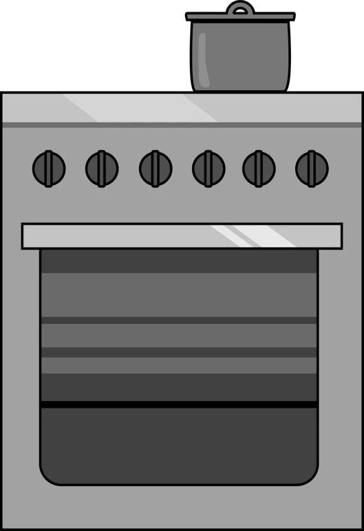 a stove with a pot on top of it, inspired by Andrei Kolkoutine, deviantart, computer art, gray scale, mobile game background, front face, ( ( stage lights ) )