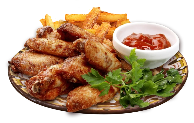 a plate topped with chicken wings next to a bowl of ketchup, inspired by Pia Fries, trending on pixabay, dau-al-set, french fries as arms, photo realistic image, silver, grilled chicken