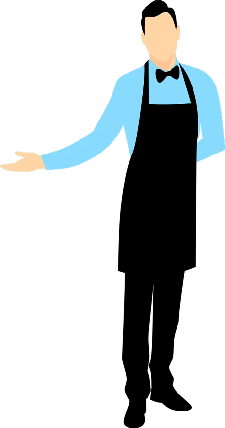 a man wearing an apron and a bow tie, a cartoon, deviantart, blue and black color scheme)), stop frame animation, business woman, dark. no text