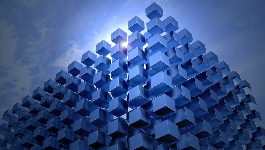a person standing in front of a building made of cubes, digital art, blue metal, sun light, upward shot, multiple levels