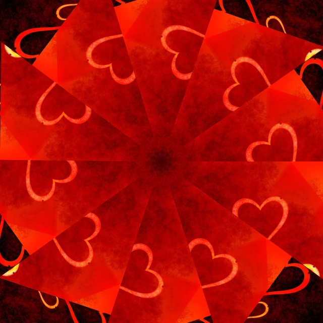 a circular design of hearts on a red background, a digital rendering, flickr, orange ribbons, seen through a kaleidoscope, with a black background, closeup photo