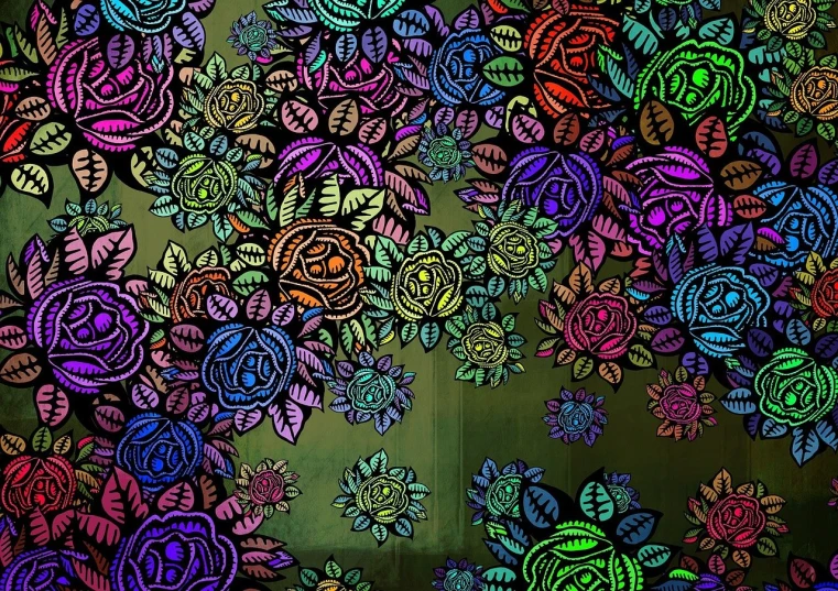a bunch of different colored paisley designs on a green background, a digital painting, tumblr, roses background, vivid!!, night color, glossy intricate design