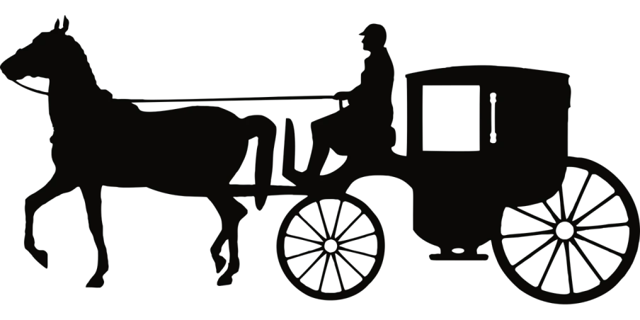 a silhouette of a horse pulling a carriage, a digital rendering, by Andrei Kolkoutine, the background is black, thumbnail, rectangle, gray