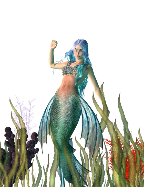 a digital painting of a mermaid with blue hair, a digital rendering, fantasy art, ( ( 3 d render ) ), waving at the camera, with a black background, aquarium life