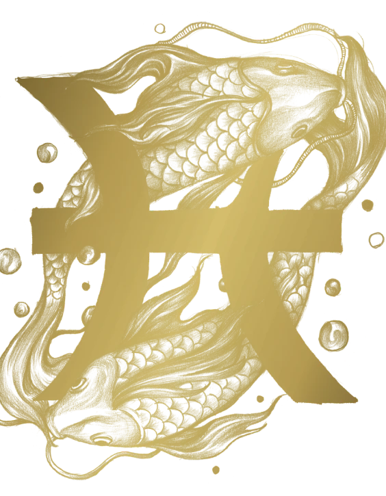 a close up of a gold design on a black background, an album cover, inspired by Zhu Da, letterism, fish, ( ( dithered ) ), splotch, heng z