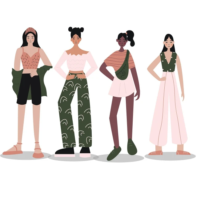 a group of women standing next to each other, an illustration of, by Olivia Peguero, feminist art, casual summer clothes, vector style, set against a white background, green clothes