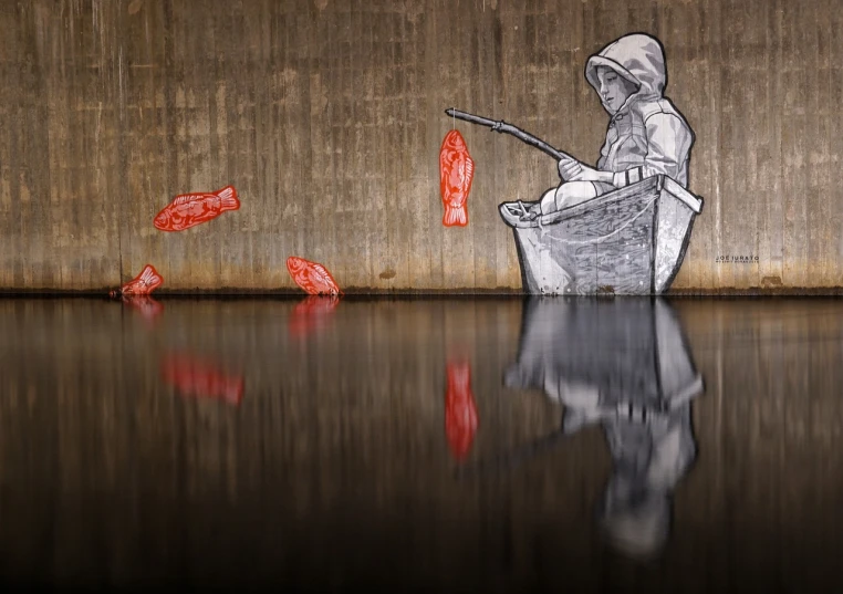 a painting of a man fishing in a bucket, unsplash, street art, some red water, stefan koidl inspired, fine line work, photo taken with nikon d750