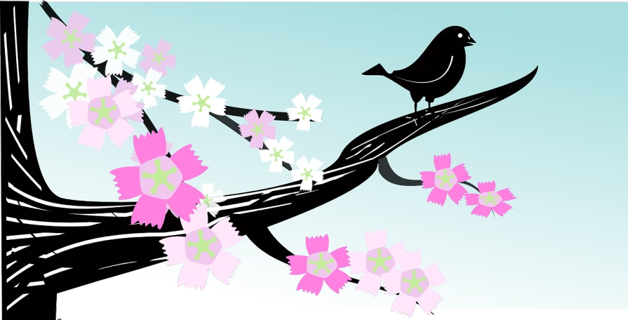 a bird sitting on top of a branch of a tree, an illustration of, inspired by Masamitsu Ōta, trending on pixabay, sakura flower, black and cyan color scheme, istockphoto, card