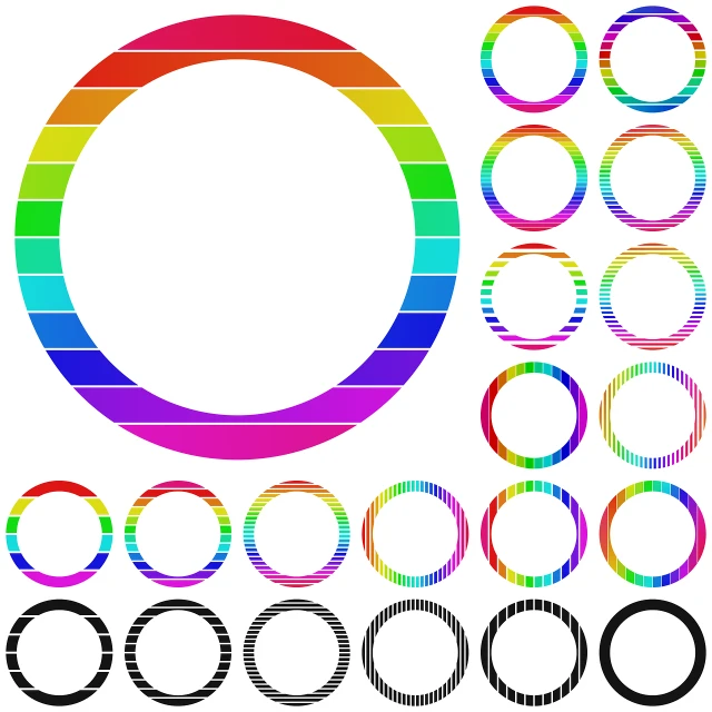a set of colored circles on a white background, a stock photo, inspired by Hasegawa Settan, rainbow neon strips, flat icon, no gradient, black circle