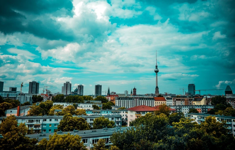 a view of a city from the top of a hill, by Sebastian Spreng, pexels, berlin secession, usa-sep 20, tonemapping, skyline view from a rooftop, palast der republik in berlin