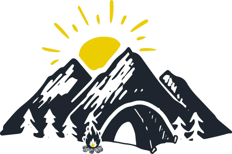 a tent with a mountain in the background, a picture, by Bob Singer, logo without text, a yellow sun shining down, with a black background, cartoon