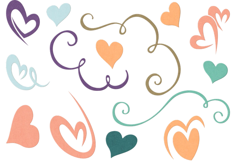 a bunch of different colored hearts on a black background, a pastel, graffiti, art nouveau curves and swirls, photoshop brush, cute!, !! muted colors!!