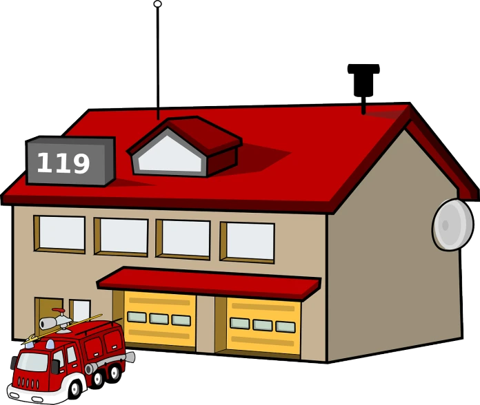 a fire truck parked in front of a house, a digital rendering, pixabay, in cartoon style, station, with a roof rack, full color illustration