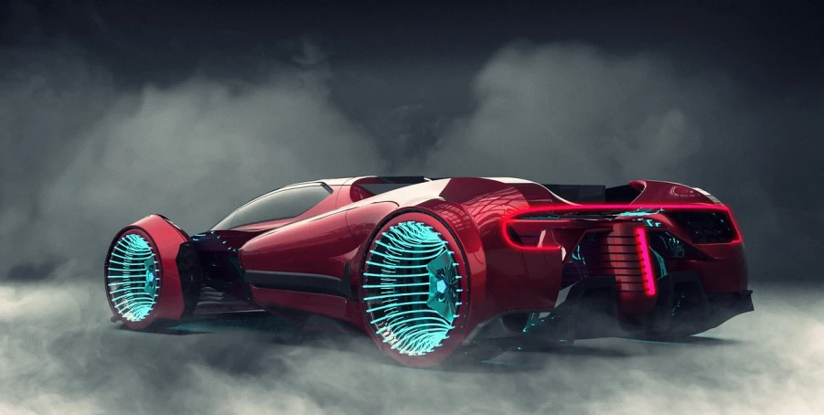 an image of a futuristic car in the fog, inspired by Mike Winkelmann, red mechanical body, futuristic gadgets, chiron, red and cyan theme