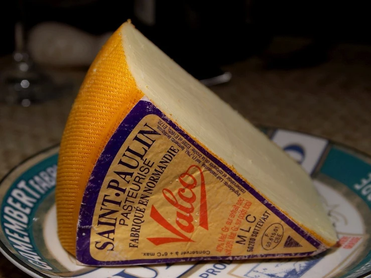 a piece of cheese sitting on top of a plate, flickr, art nouveau, vallejo, cone shaped, vivid saturation, very detailed labeling