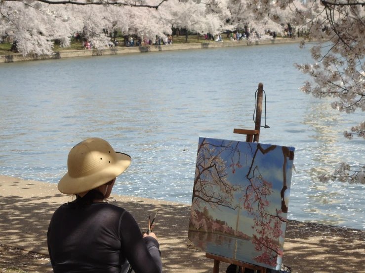 a woman sitting on a bench in front of a painting, flickr, plein air, cherry blossom, stands at a his easel, dc art, trending on art-sation