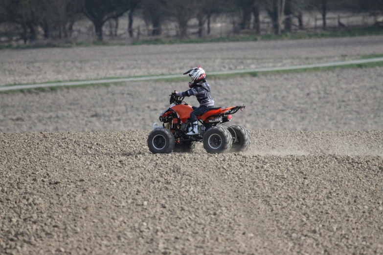 a person riding an atv in a field, a picture, by Frederik Vermehren, flickr, figuration libre, square, at racer track, red!! sand, maxxis