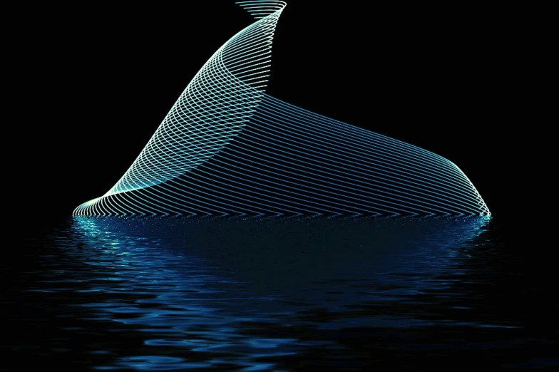 a boat floating on top of a body of water, a digital rendering, by Julian Allen, digital art, tail slightly wavy, black oled background, blue whale, fibonacci volumetric lighting