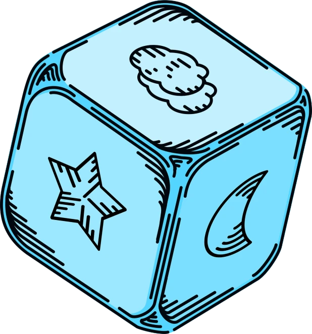 a blue dice with a smiley face on it, a woodcut, deviantart, cubo-futurism, themed on the stars and moon, icy, right angled view, mystical cosmic messenger