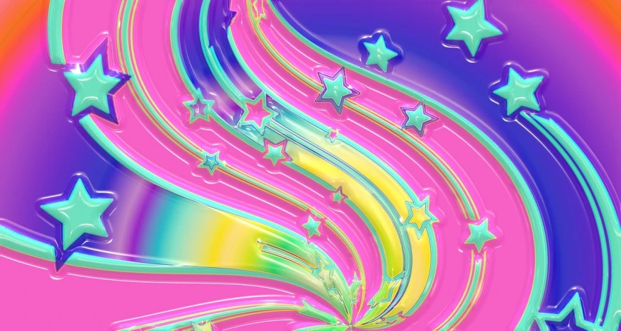 a rainbow colored background with stars and swirls, a digital rendering, inspired by Lisa Frank, retro pink synthwave style, glass - reflecting - stars, 3 d fluid simulation render, high res