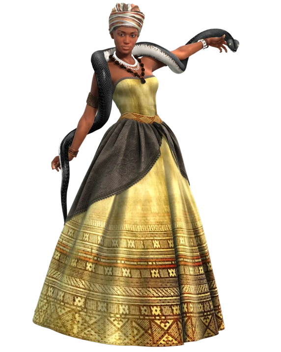 a woman in a gold dress holding a snake, a digital rendering, inspired by Aramenta Dianthe Vail, black african princess, fashionable rpg clothing, platinum attire, ingame image