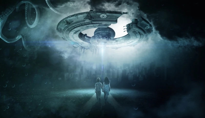 a couple of people standing in front of a spaceship, a hologram, by John Alexander, pixabay contest winner, surrealism, halo above head, movie still of the alien girl, space ship cemetery outer space, discovered photo