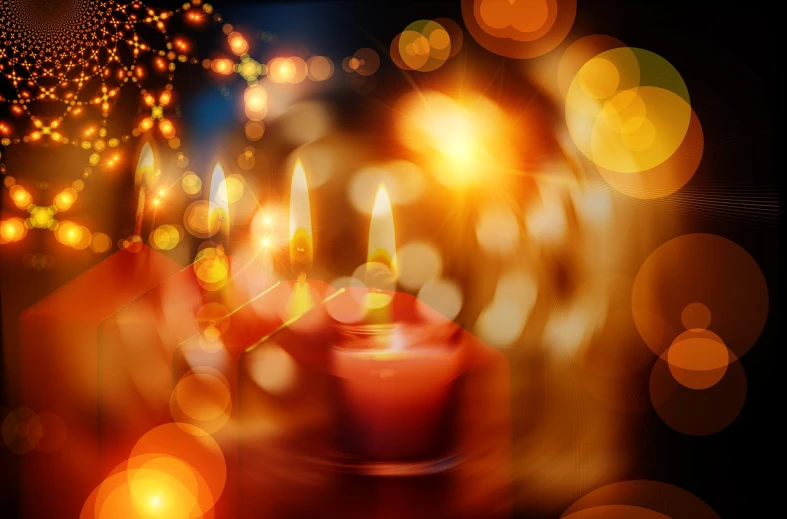 a group of lit candles sitting on top of a table, a digital rendering, by Marie Bashkirtseff, shutterstock, digital art, bokeh photo, red and golden color details, stock photo